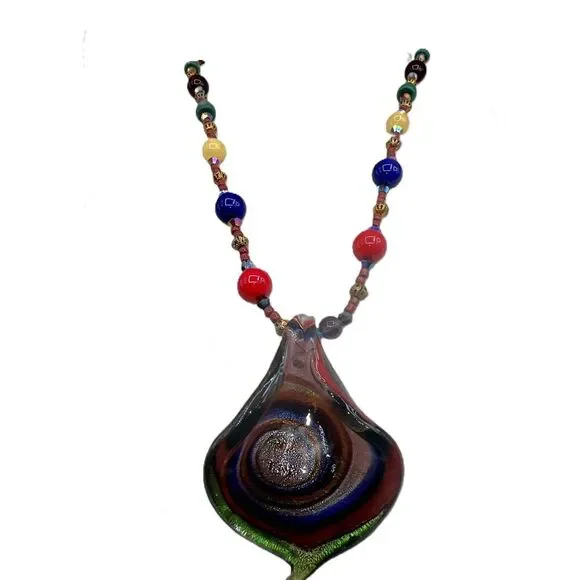 NEW Multicolor Murano Glass Beads Pendant Necklace Handcrafted Abstract Design - Picture 3 of 15